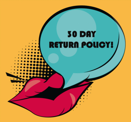 An image of lips with a speech bubble that says free 30 day return policy when you shop online with What The Food