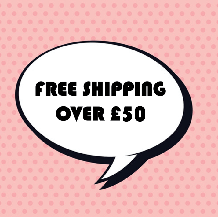A pink and white logo that states free shipping when you spend £50 or more on What The Food