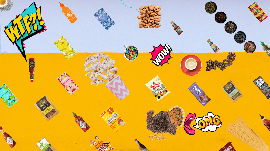 A light blue and yellow background with different products spread across. Product images range from Tabasco sauce through to tea cakes. Welcome to worlds coolest food company. 