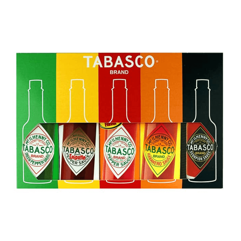 A set of 5 different Tabasco sauces in a cardboard outer gift set. Flavours include the original red pepper, chipotle, green jalapeño, hot habanero and hottest Scorpion Sauce in 60ml glass bottles  