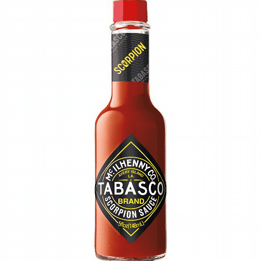 A 59ml bottle of Tabasco Scorpion sauce with a black label and a picture of a scorpion | What The Food
